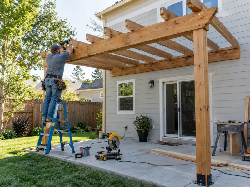 Contractor installing wooden pergola frame and rafters on ladder next to house patio. Contractor installing wooden pergola frame and rafters on ladder next to house patio.