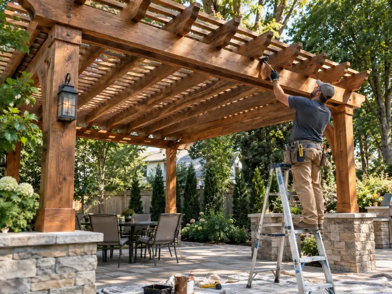 Contractor staining wooden pergola beams on ladder above stone patio seating area. Contractor staining wooden pergola beams on ladder above stone patio seating area.