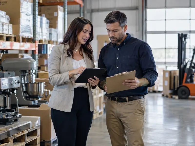 Financing representative reviewing equipment loan details on a clipboard with a warehouse business owner surrounded by inventory and machinery. Financing representative reviewing equipment loan details on a clipboard with a warehouse business owner surrounded by inventory and machinery.
