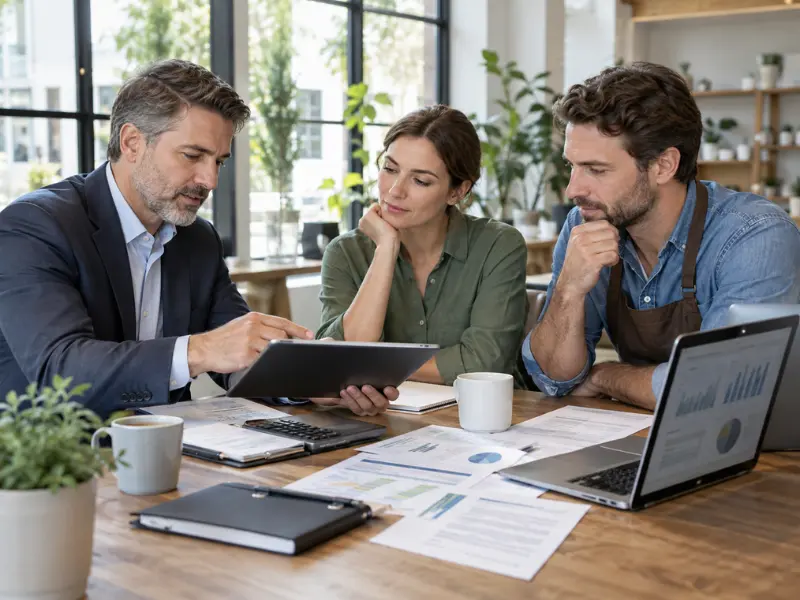Financial advisor reviewing loan documents and charts on a tablet with two small business owners during a financing consultation. Financial advisor reviewing loan documents and charts on a tablet with two small business owners during a financing consultation.