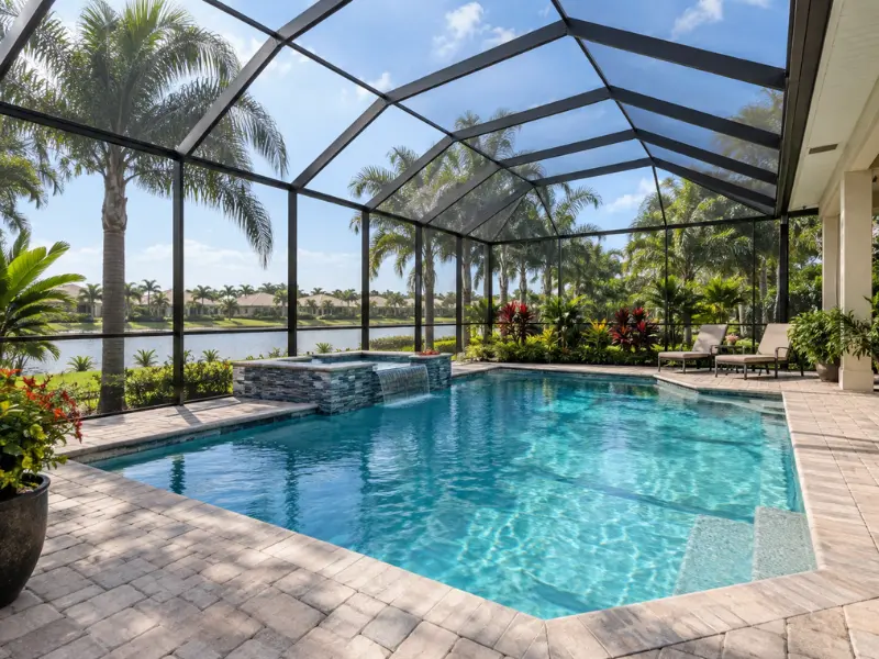 Screened pool enclosure with palm trees and a waterfall spa overlooking a lakefront backyard.
