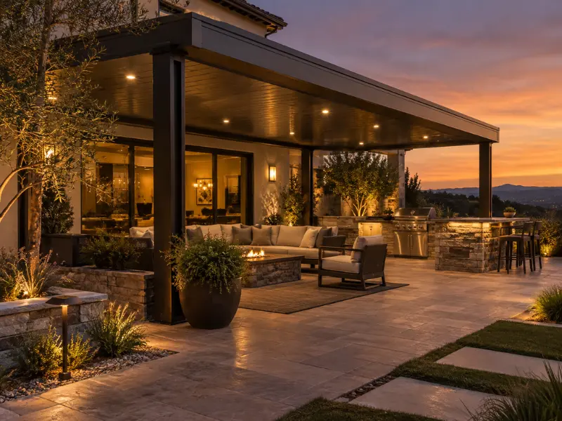 Modern flat-roof patio cover with recessed lighting over an outdoor kitchen, fire pit, and lounge seating at sunset.