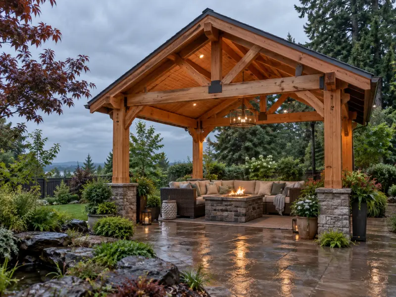 Timber-frame patio cover with a gabled roof, stone pillars, and hanging chandeliers over a fire pit seating area on a rainy evening.