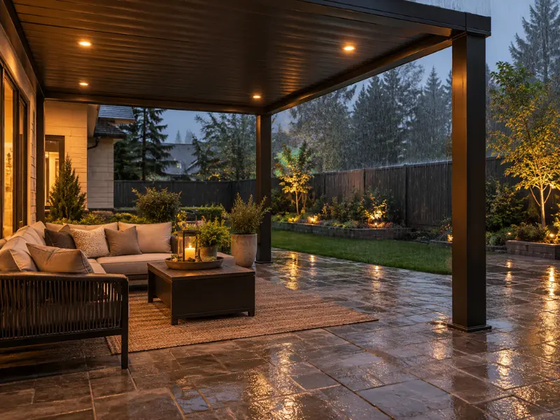 Dark aluminum patio cover with recessed ceiling lights over an outdoor lounge seating area during evening rain. Dark aluminum patio cover with recessed ceiling lights over an outdoor lounge seating area during evening rain.