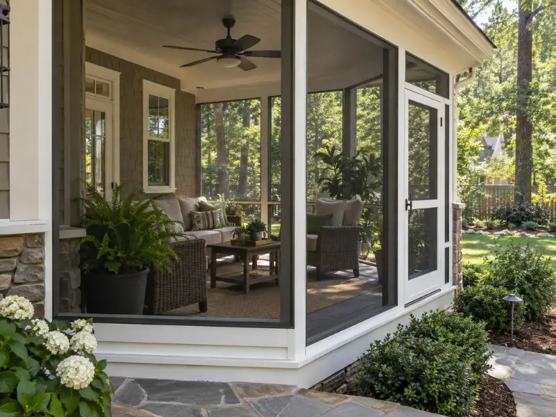Screened porch with wicker sofa and chairs, ceiling fan, and potted plants overlooking a wooded backyard. Screened porch with wicker sofa and chairs, ceiling fan, and potted plants overlooking a wooded backyard.