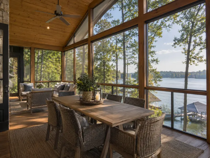 Screened porch with a wooden dining table and wicker chairs beneath a vaulted wood beam ceiling overlooking a lake. Screened porch with a wooden dining table and wicker chairs beneath a vaulted wood beam ceiling overlooking a lake.