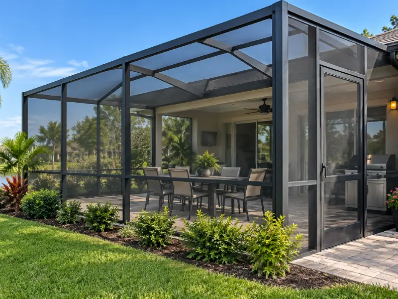 Custom screen enclosure with outdoor dining area and grill station overlooking a landscaped backyard. Custom screen enclosure with outdoor dining area and grill station overlooking a landscaped backyard.