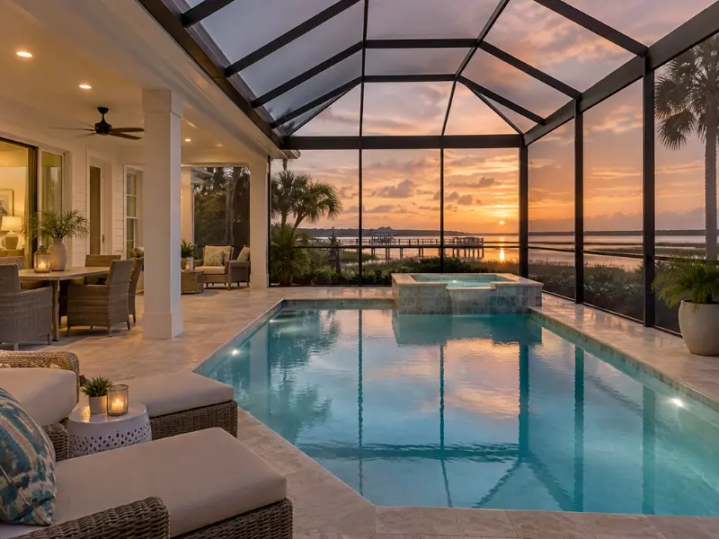 Screened pool and spa enclosure with a glass roof overlooking a waterfront sunset view.