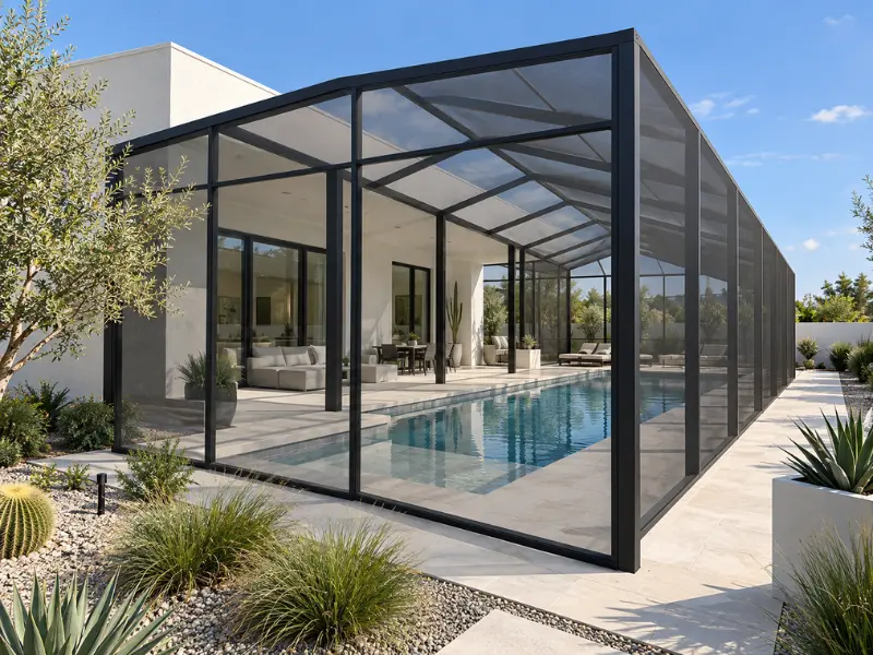 Modern black-framed pool screen enclosure covering a lap pool and patio in a desert landscape backyard.