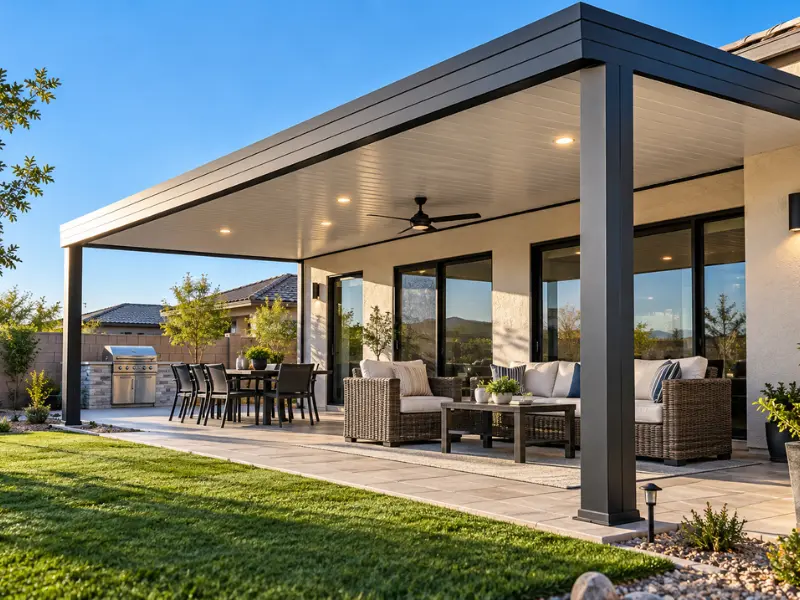 Black aluminum patio cover with recessed lighting and ceiling fan over an outdoor kitchen and wicker lounge seating. Black aluminum patio cover with recessed lighting and ceiling fan over an outdoor kitchen and wicker lounge seating.