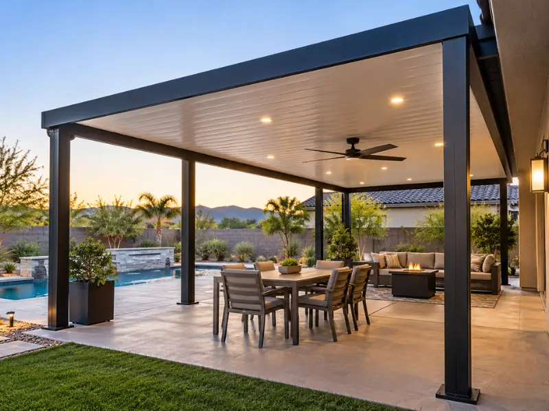 Aluminum patio cover with ceiling fan shading a dining table and fire pit lounge next to a backyard pool at sunset. Aluminum patio cover with ceiling fan shading a dining table and fire pit lounge next to a backyard pool at sunset.
