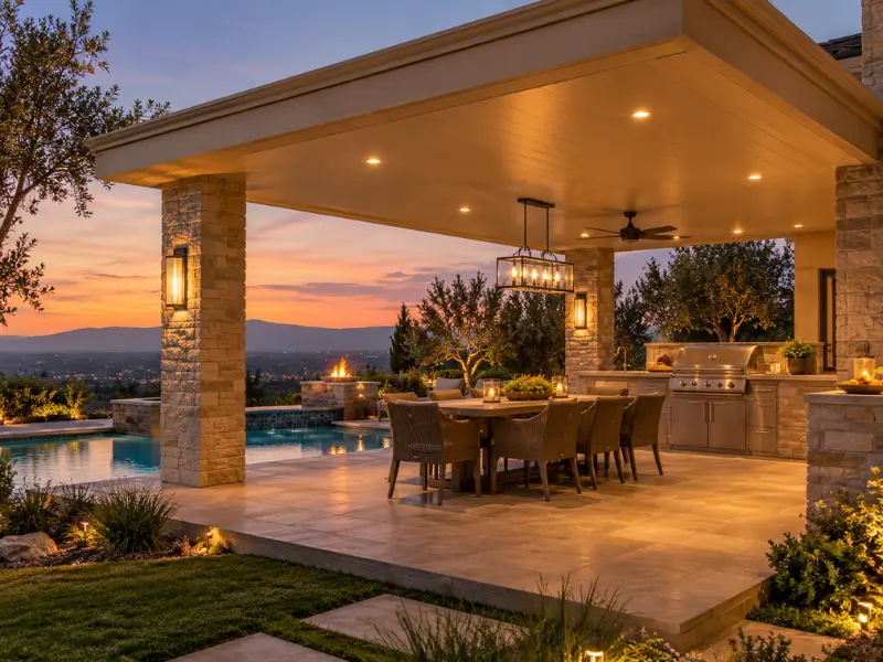 Insulated patio cover with stone columns, pendant light, and ceiling fan over an outdoor kitchen and dining table at sunset. Insulated patio cover with stone columns, pendant light, and ceiling fan over an outdoor kitchen and dining table at sunset.