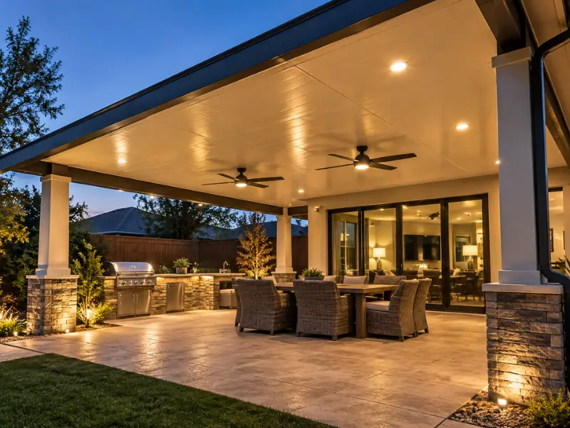 Insulated patio cover with recessed lights and two ceiling fans over a wicker dining set and outdoor kitchen at dusk. Insulated patio cover with recessed lights and two ceiling fans over a wicker dining set and outdoor kitchen at dusk.