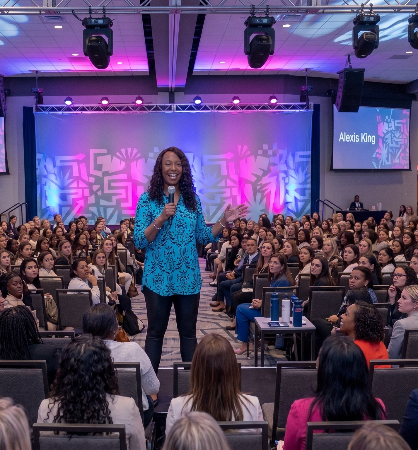 Alexis King speaking with professionals at a leadership event