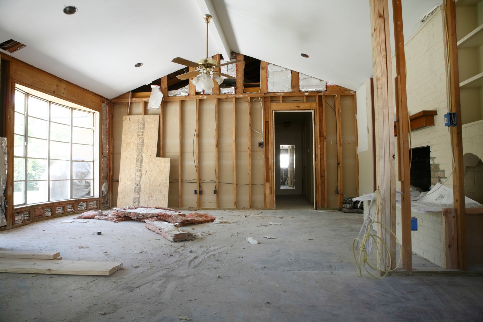 A house partway through renovation, partition wall exposed