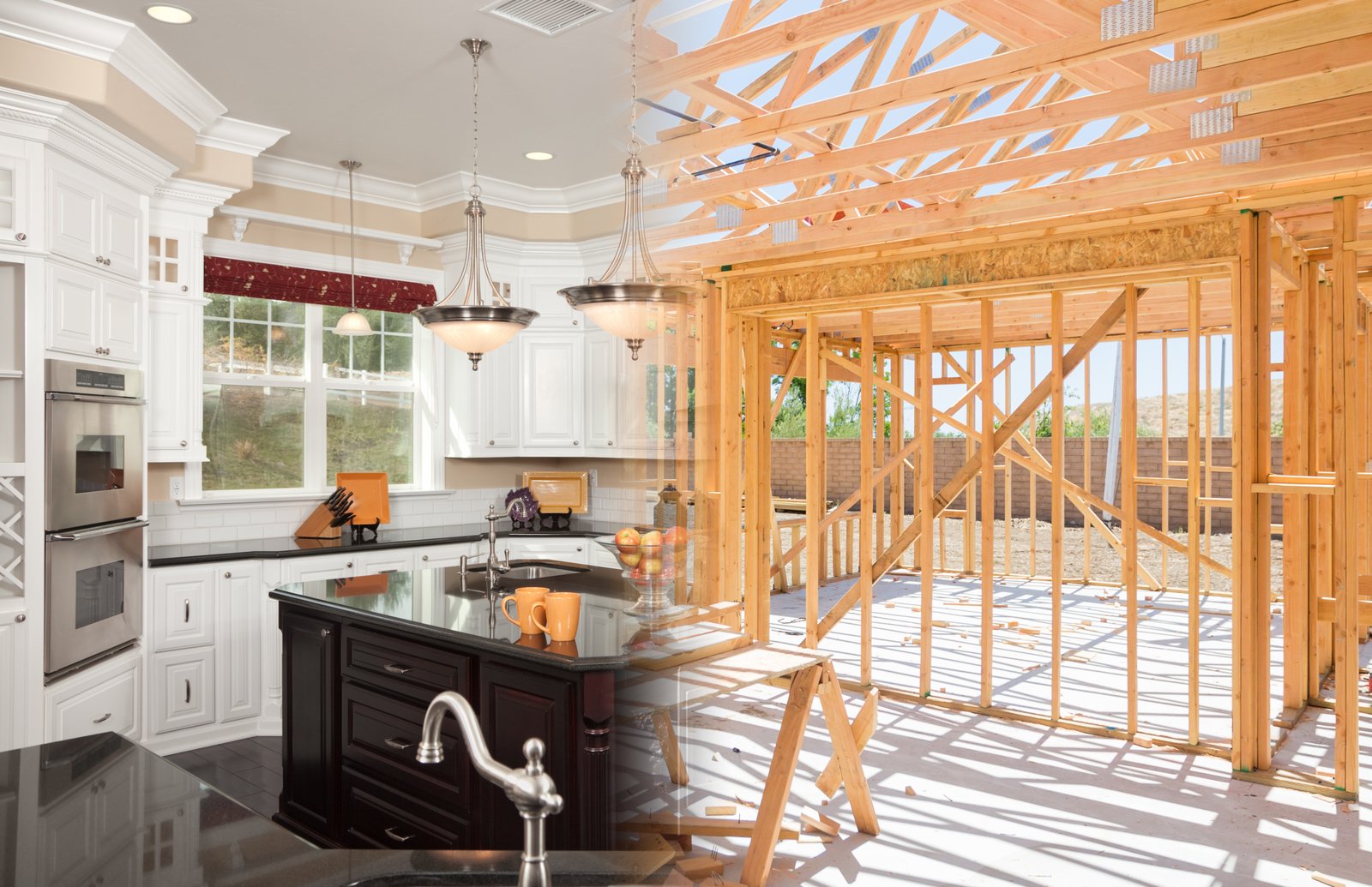 A kitchen mid-build, framing still exposed