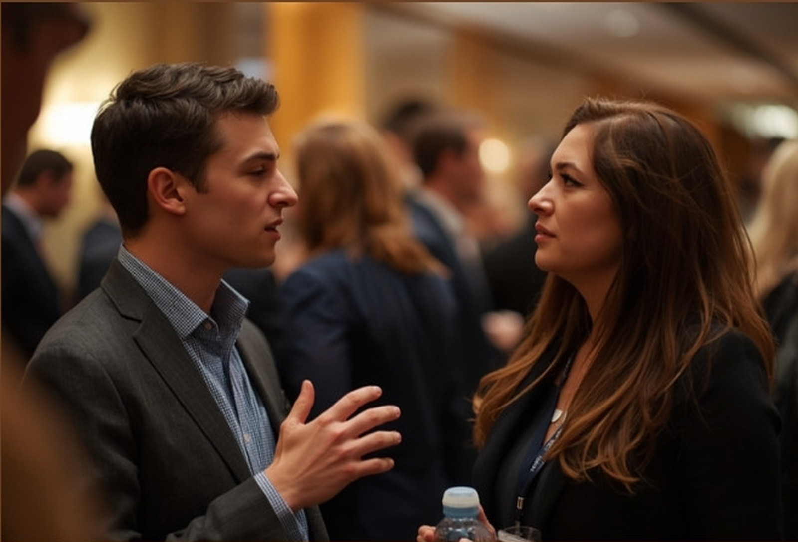 Two people in one focused conversation at a meetup, one listening while the other explains what they are working on
