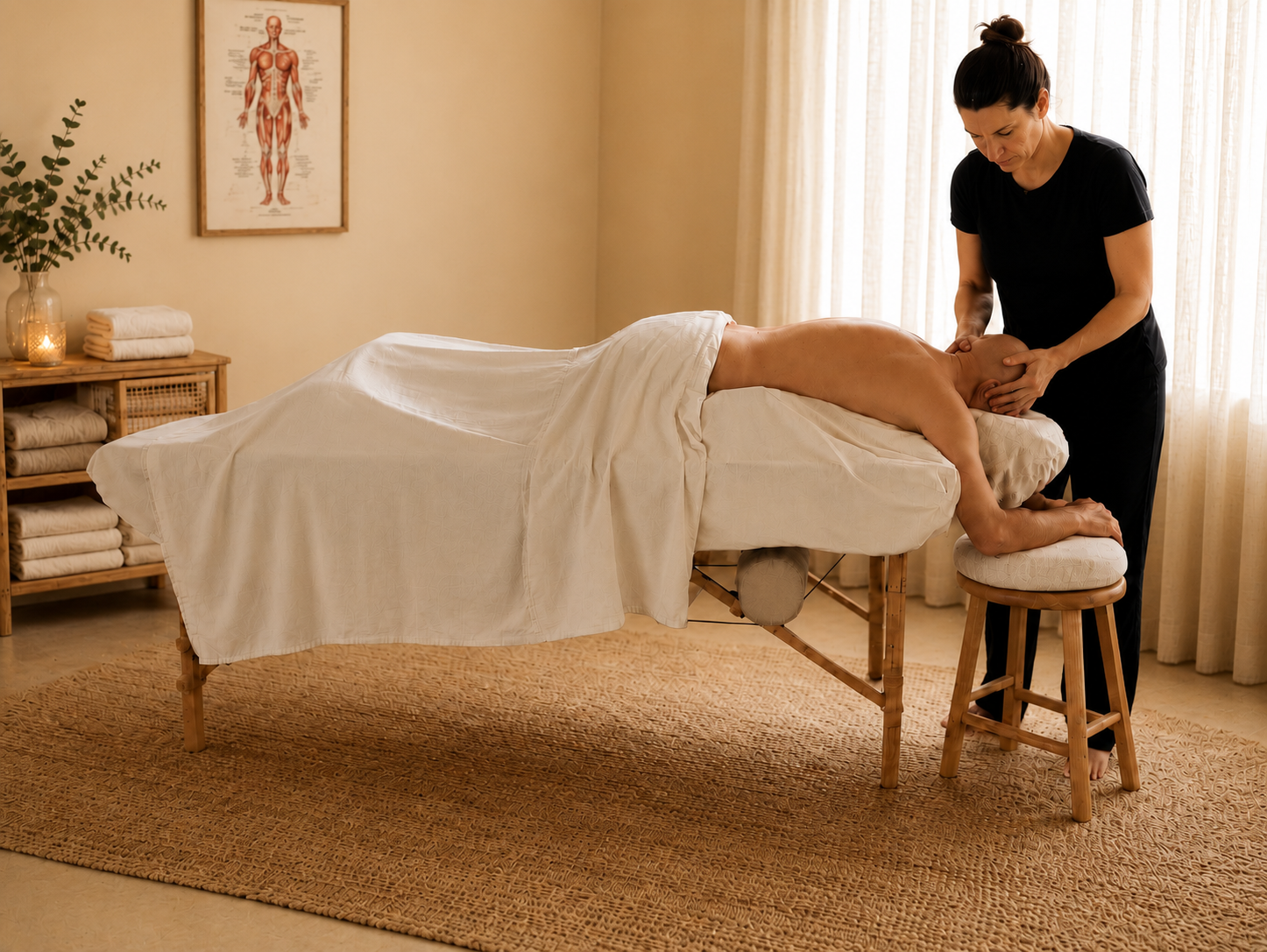 Holistic Grace practitioner working on male client's neck using the Grace Support System treatment table positioning in warm treatment room