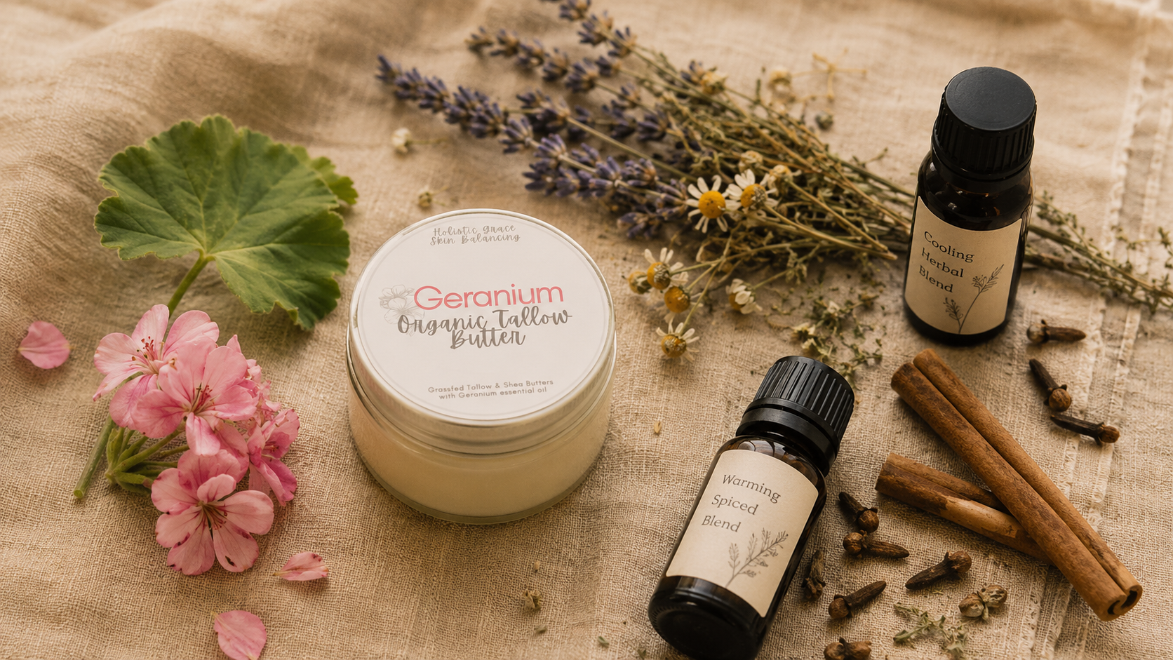 Holistic Grace Geranium Organic Tallow Butter jar with warming spiced and cooling herbal essential oil blends arranged on linen cloth with dried herbs and flowers Holistic Grace Geranium Organic Tallow Butter jar with warming spiced and cooling herbal essential oil blends arranged on linen cloth with dried herbs and flowers