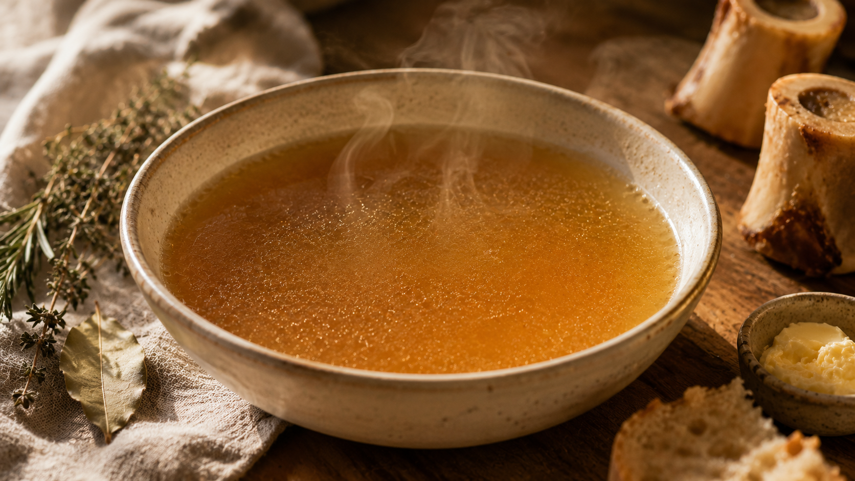 Steaming bowl of bone broth with fresh rosemary, thyme and roasted marrow bones on wooden board — traditional winter nourishment