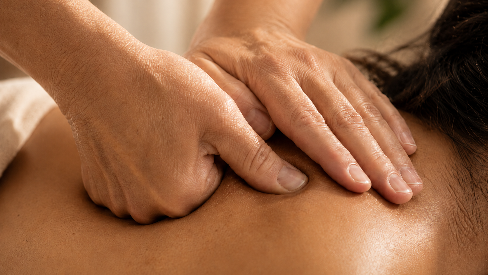 Holistic massage practitioner using precise fingertip technique on female client's upper back