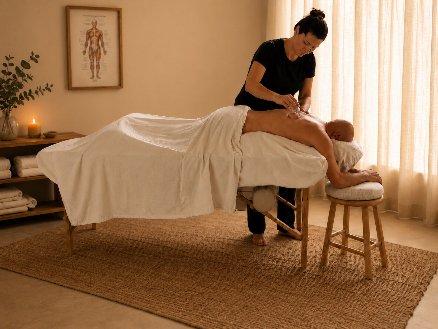 Holistic Grace practitioner applying medical-grade cup to male client's upper back during holistic massage session