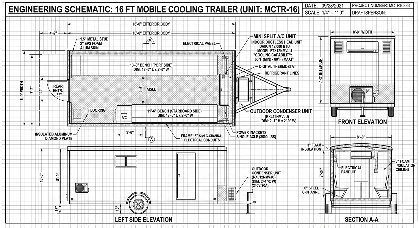 Engineering schematic 16ft mobile cooling trailer MCTR-16