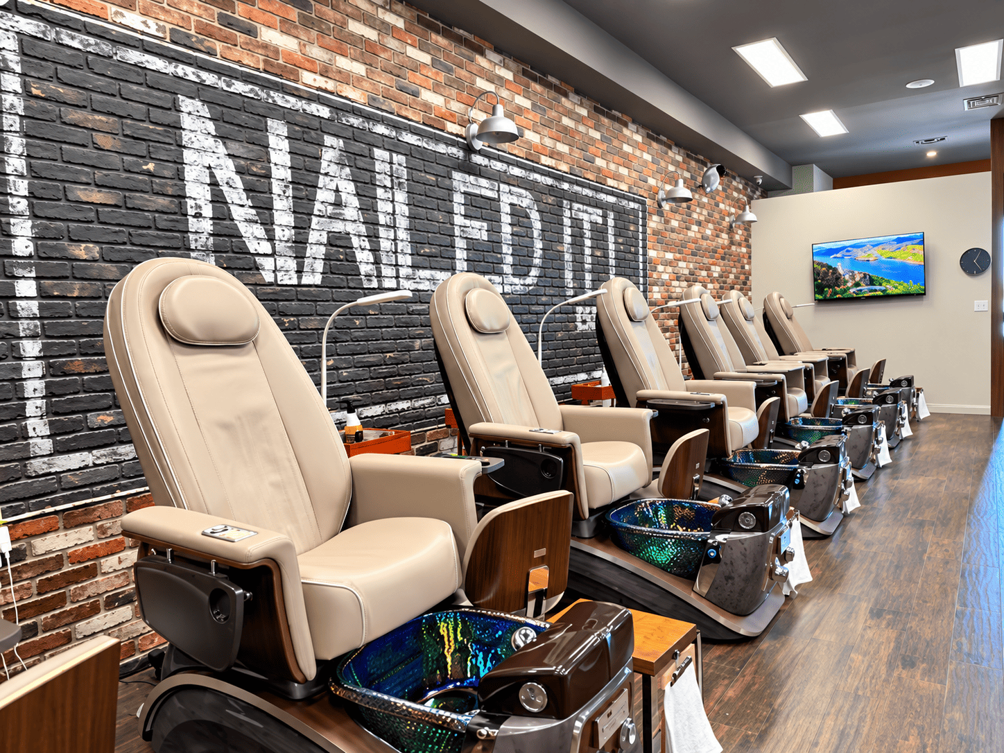Nail stations and seating at Nailed It! Salon and Lashes Colleyville