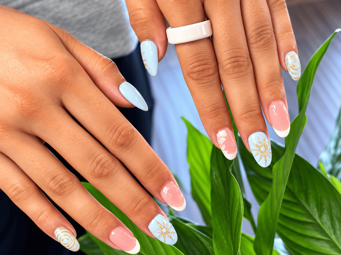 Pastel almond nails with hand painted daisies done at Nailed It! in Colleyville TX