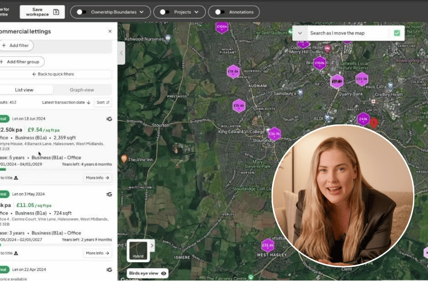 Mapping software showing land opportunities, with Ella explaining