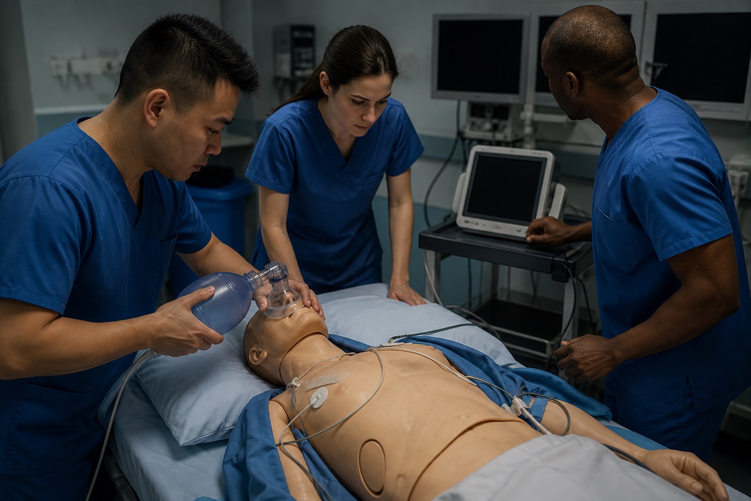 Equipo practicando soporte vital avanzado con simulador de alta fidelidad