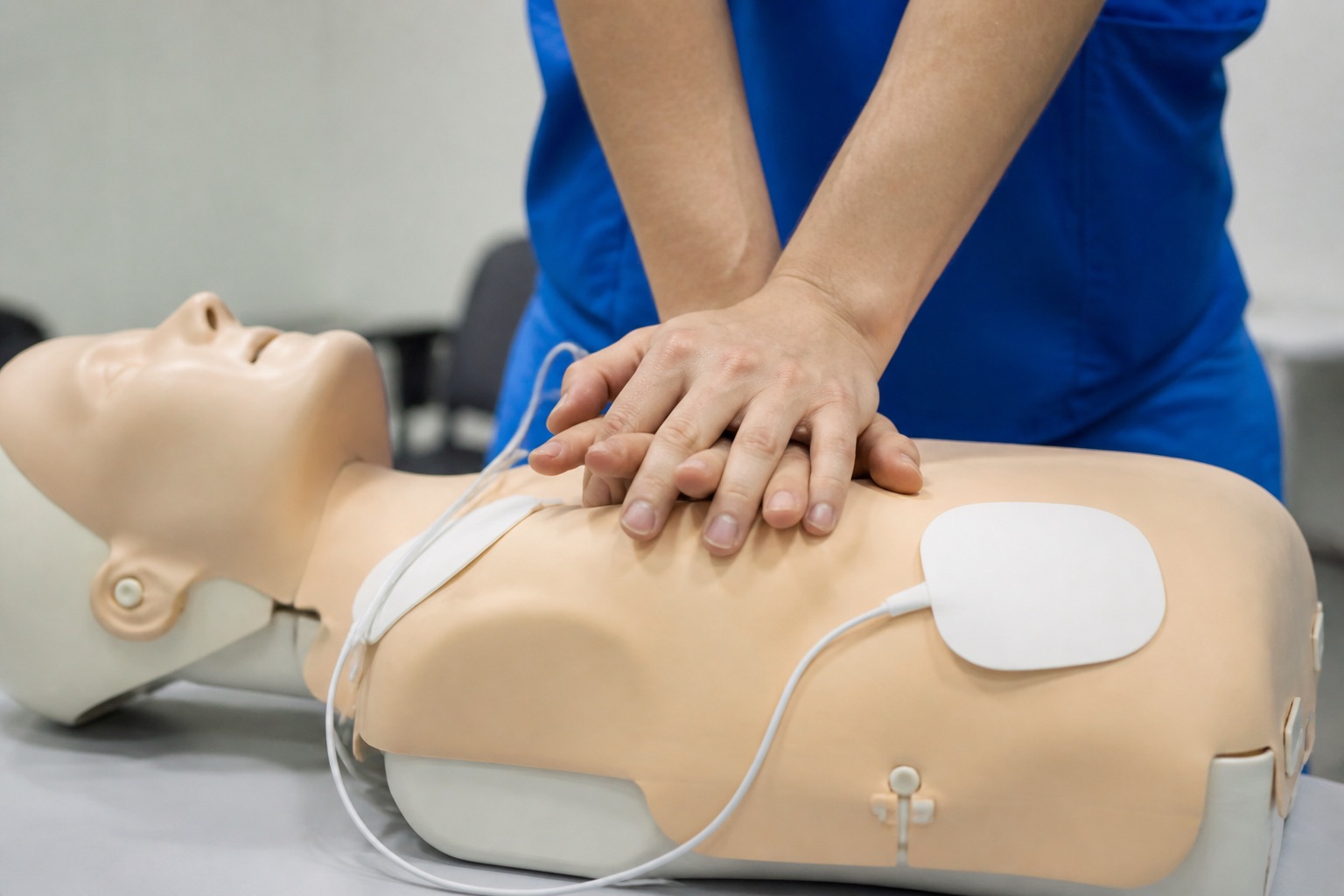 Compresiones torácicas en maniquí durante entrenamiento BLS