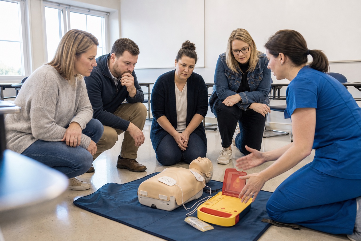 Docentes practicando con entrenador de DEA en un aula