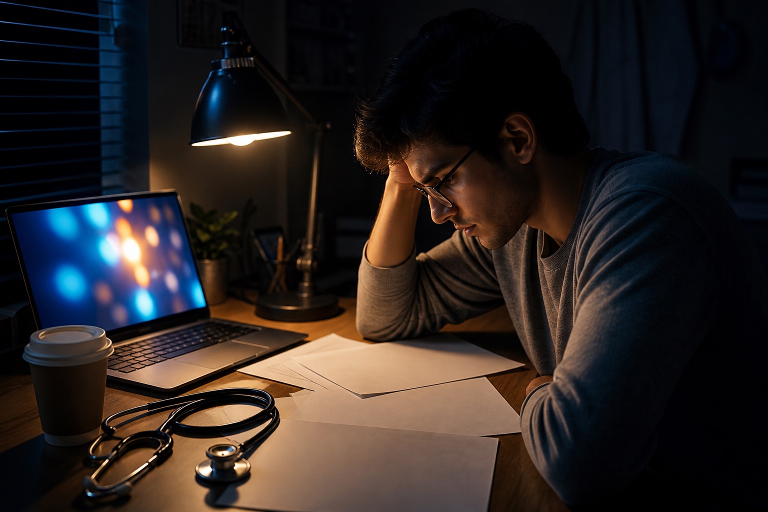 Médico estudiando de noche en una plataforma digital