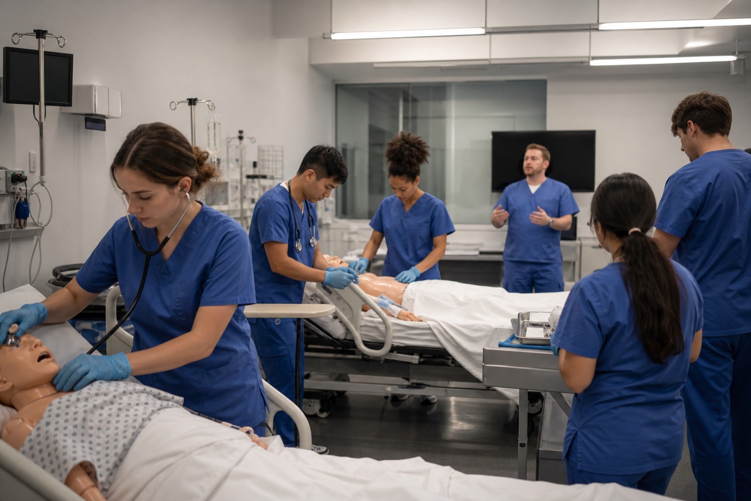 Estudiantes universitarios entrenando en laboratorio de simulación