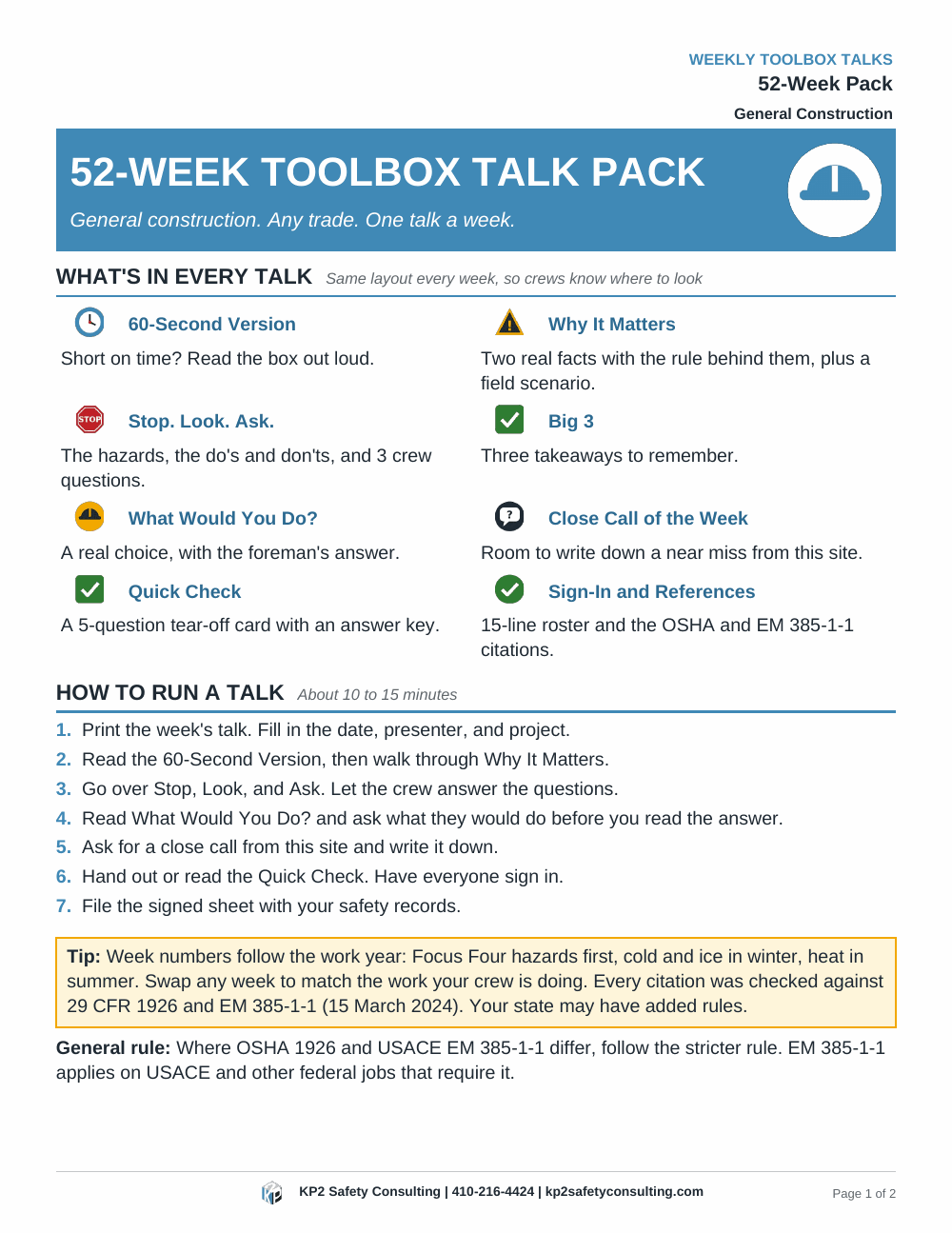 Toolbox Talk Pack cover and index explaining what is in every talk and how to run it