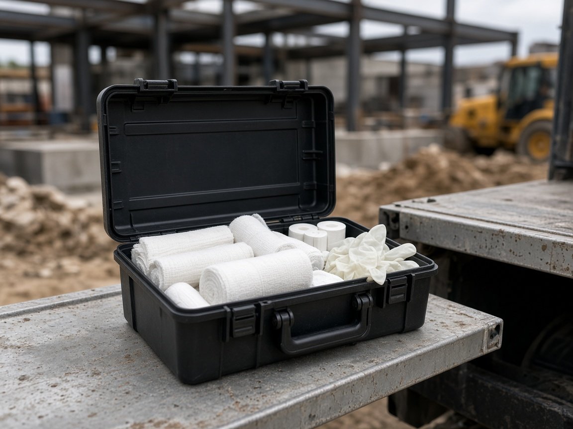 Open first aid kit on a work truck at a construction site