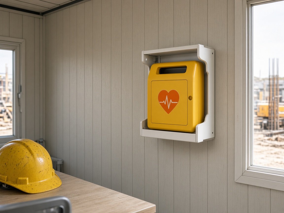 AED mounted on the wall of a jobsite office trailer