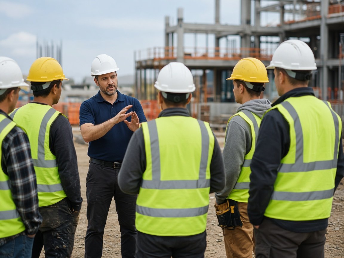 Safety instructor teaching a group of construction workers on site