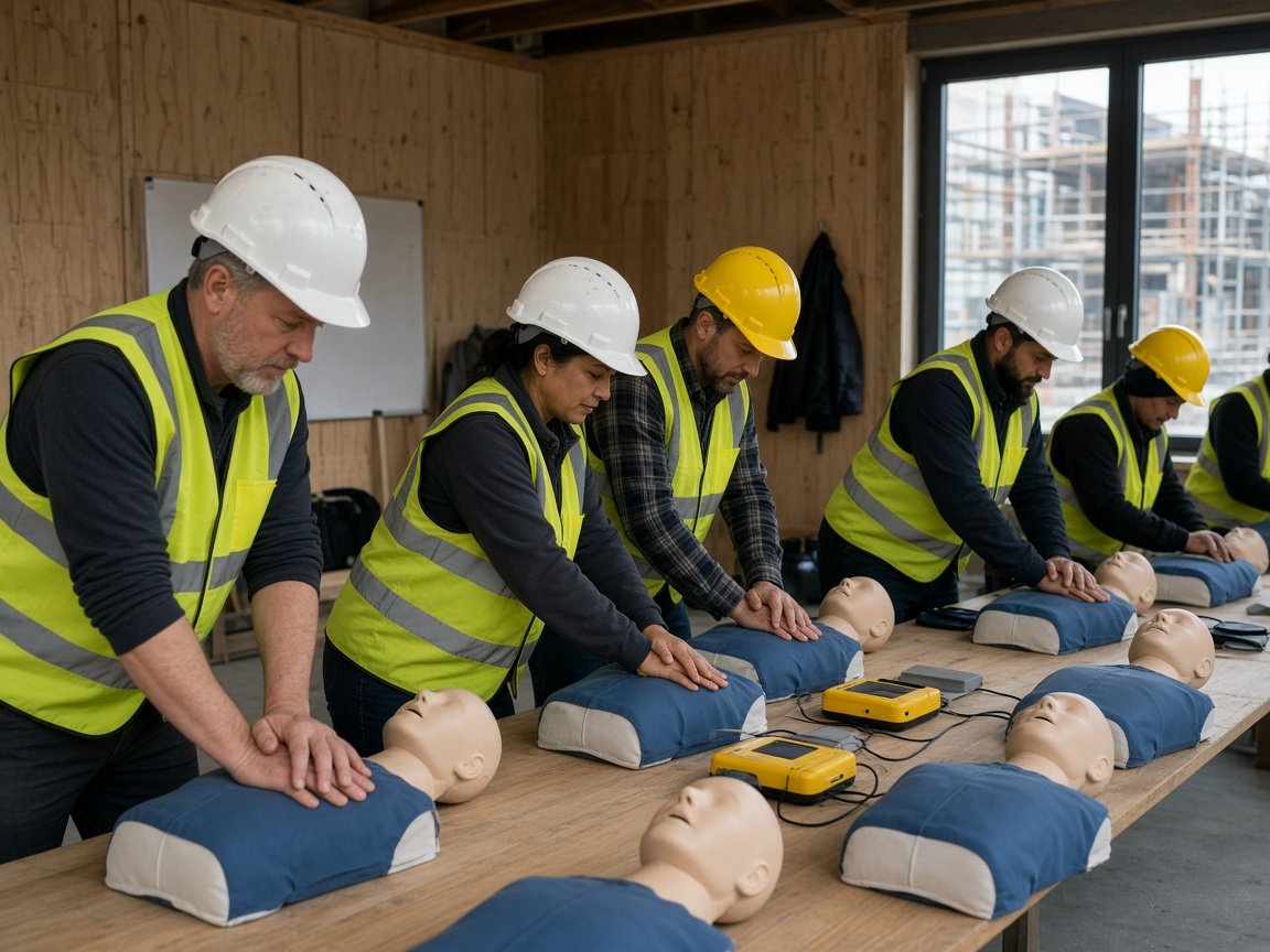 Construction crew practicing CPR on training manikins