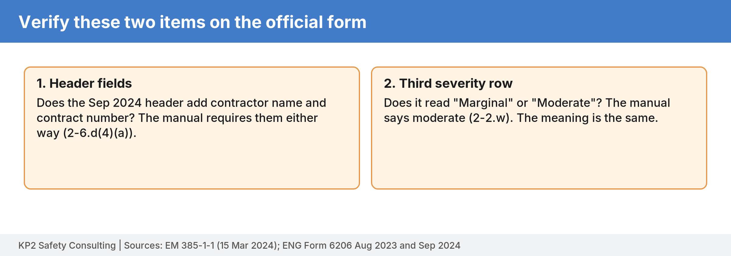 Two orange caution cards: one asks whether the header adds contractor name and contract number, the other asks whether the third severity row reads marginal or moderate.