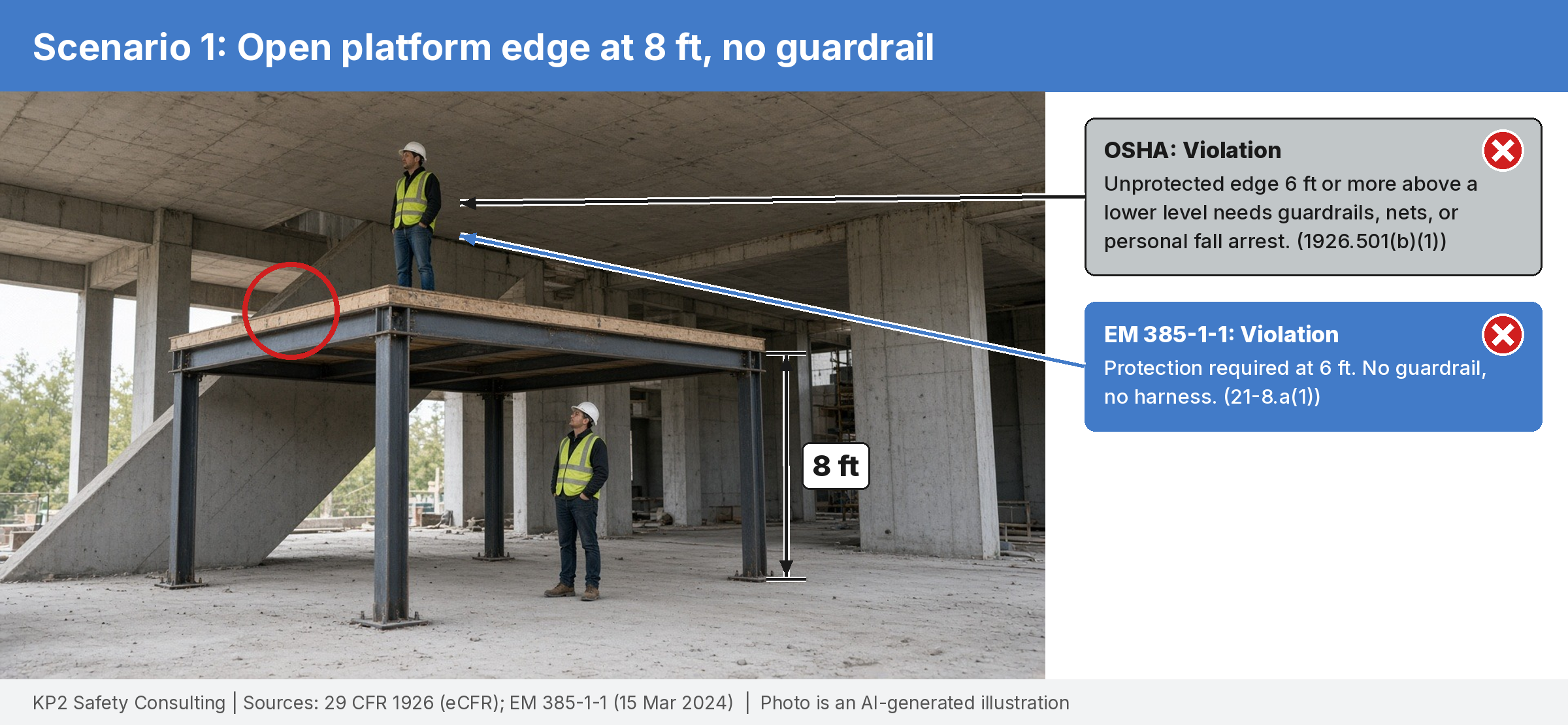 Photo illustration of a worker at the open edge of a platform about 8 feet above the floor with no guardrail and no harness. Callouts mark violations of OSHA 1926.501(b)(1) and EM 385-1-1 21-8.a(1).