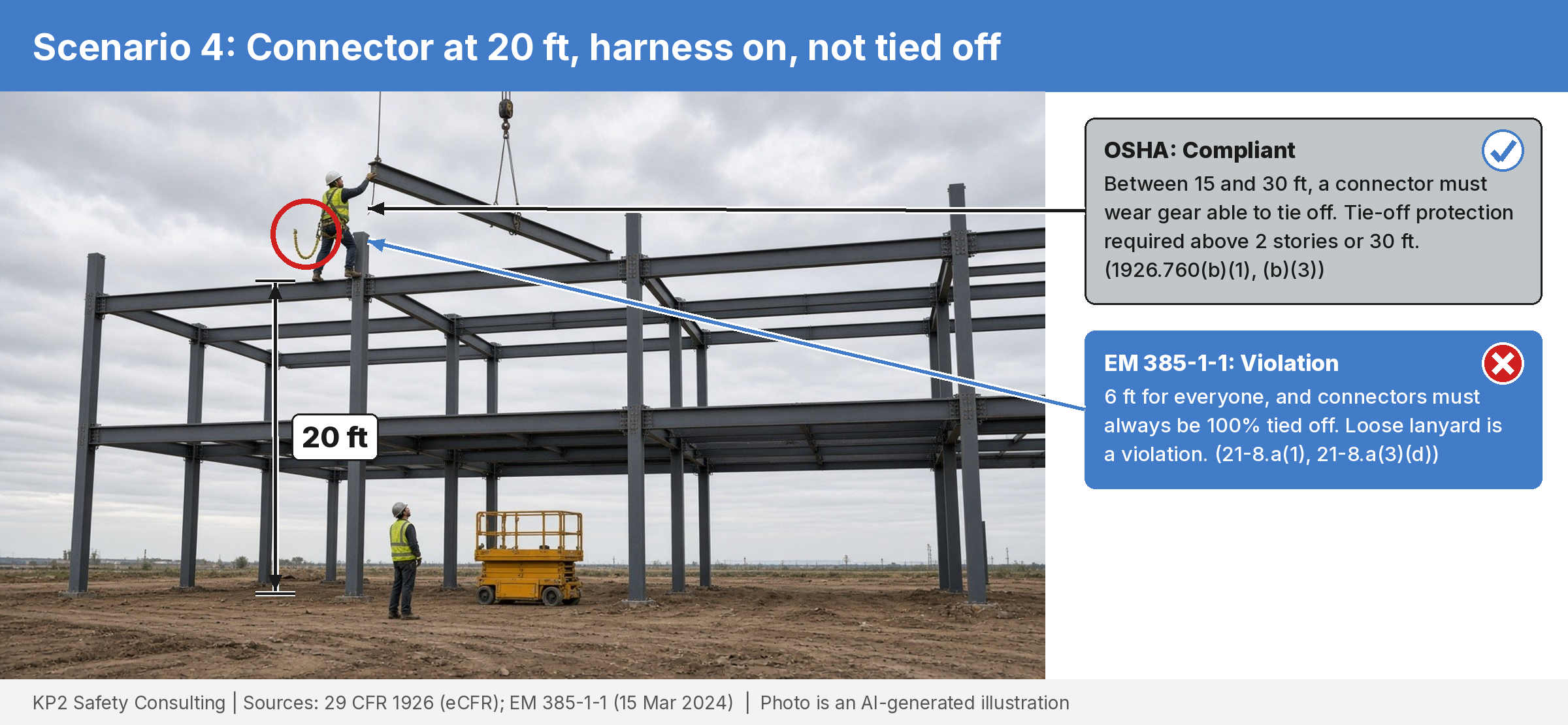 Photo illustration of a connector about 20 feet up guiding a beam from a crane with his lanyard hanging loose. Callouts mark OSHA compliant and EM 385-1-1 violation.