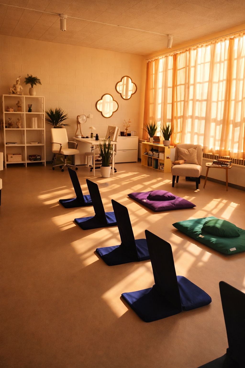 SOMA Flow studio — meditation cushions and floor chairs in warm sunlight