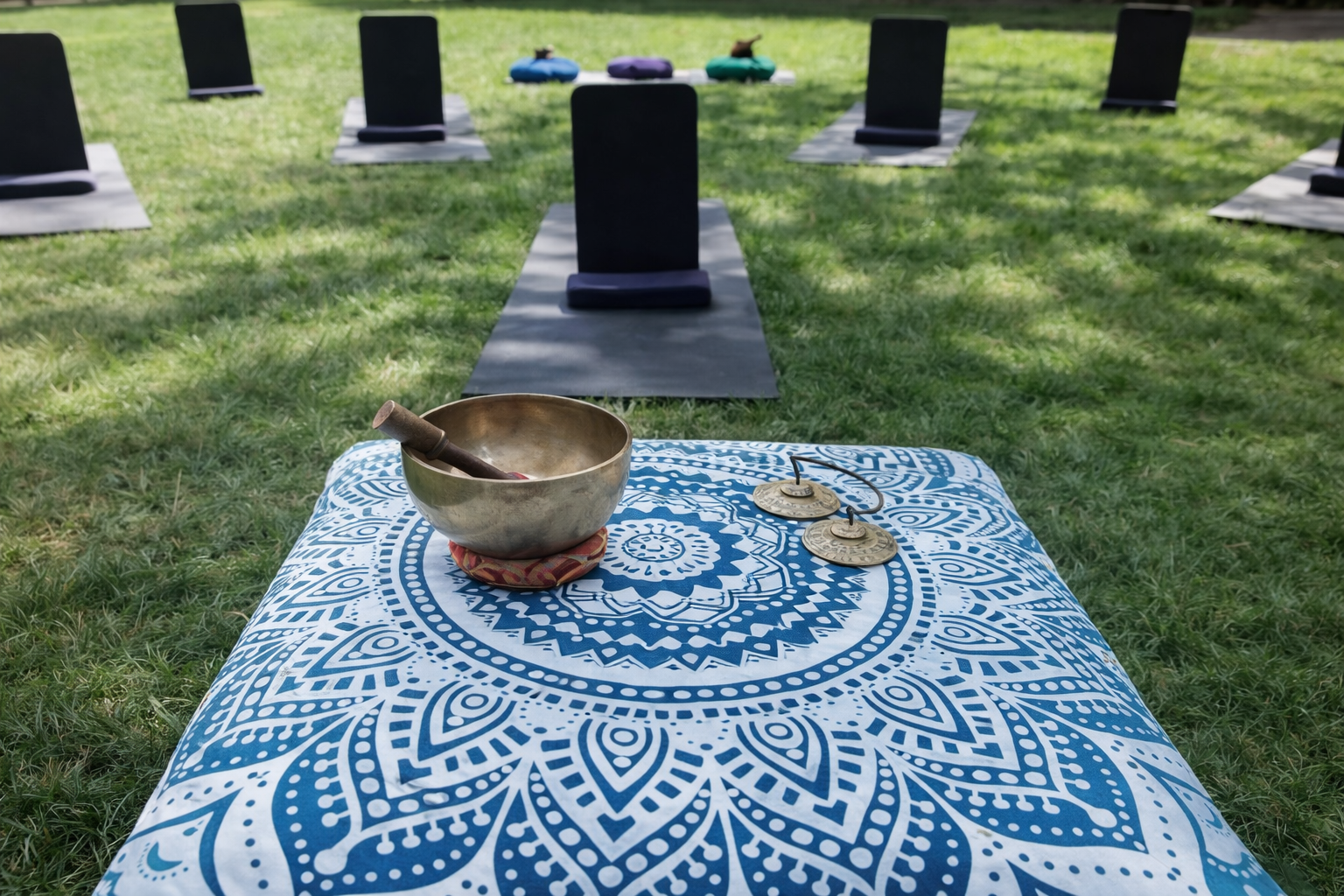 Outdoor group session — singing bowls on mandala mat with meditation chairs