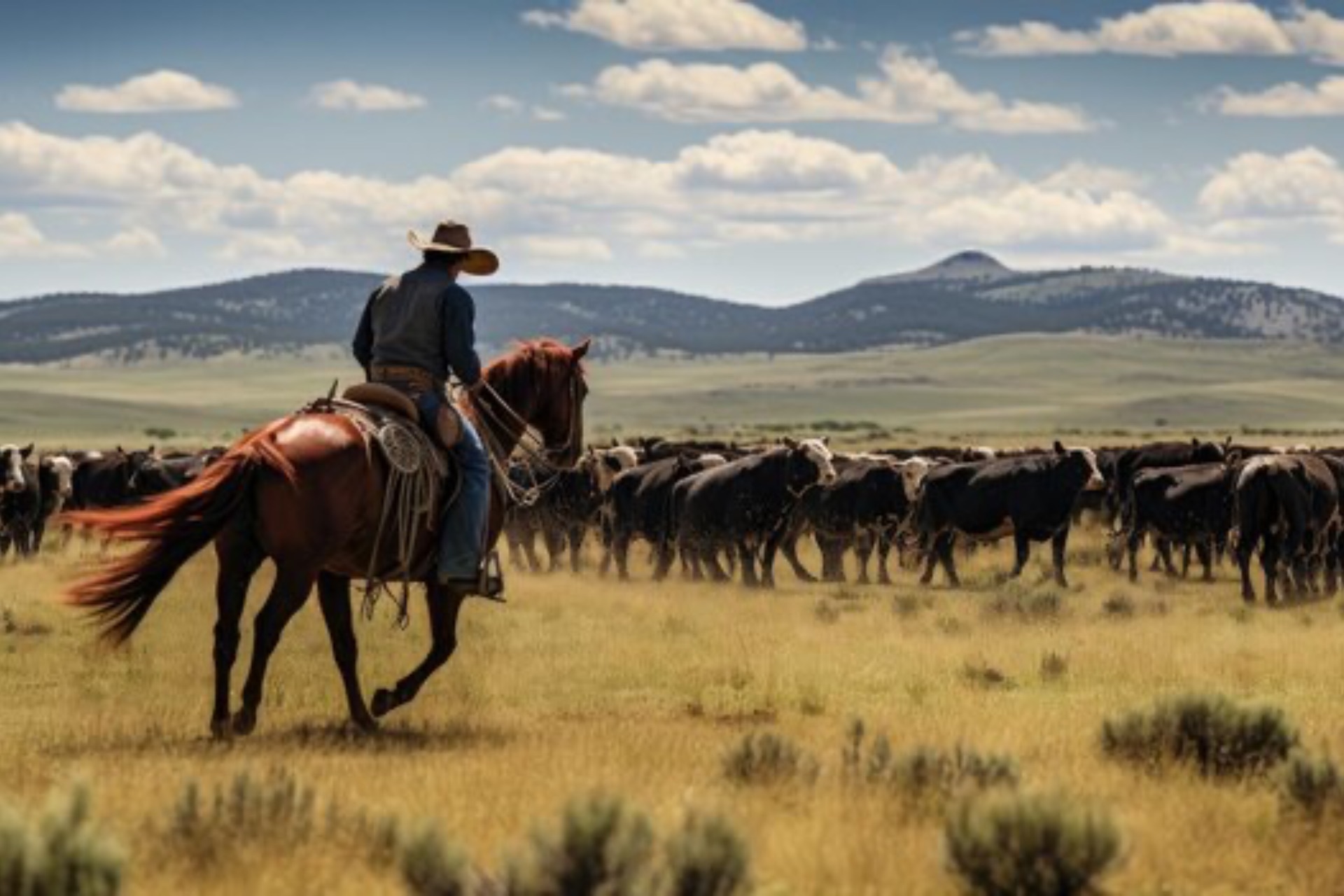 Cowboy on horseback herding cattle into corral