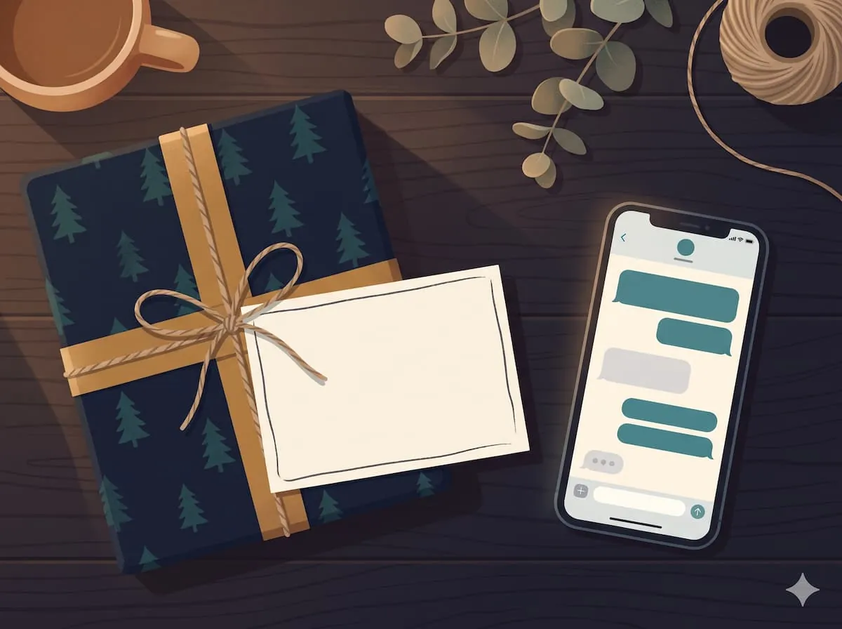 A gift box with a handwritten gift note beside a phone showing a chat message