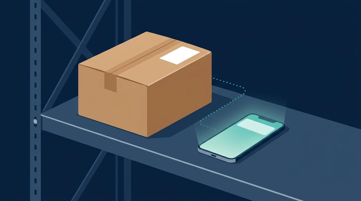 A packed parcel on a warehouse shelf next to a phone showing an empty notification screen