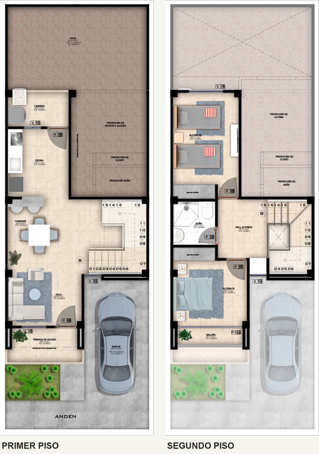 Plantas amobladas de la casa de dos pisos: abajo sala, comedor, cocina, patio y garaje; arriba dos alcobas, baño, hall y balcón