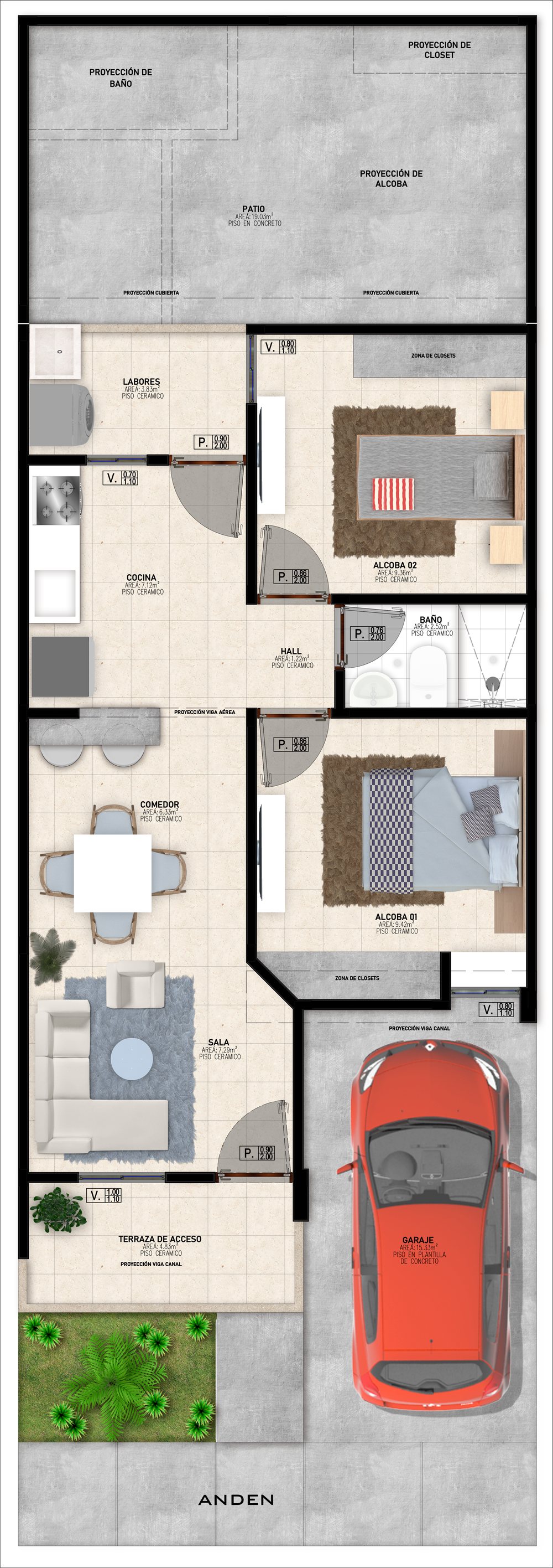 Planta arquitectónica amoblada de la casa de un piso, con sala, comedor, cocina, dos alcobas, baño, hall, terraza de acceso, garaje y patio